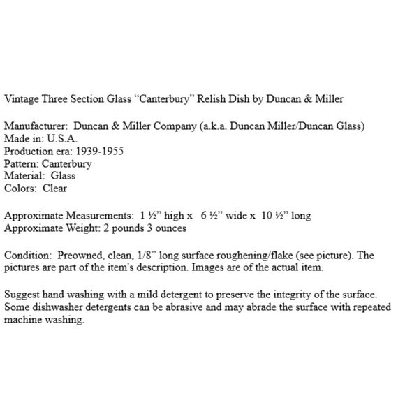 Vintage Three Section Glass “Canterbury” Relish Dish by Duncan & Miller - Picture 5 of 5